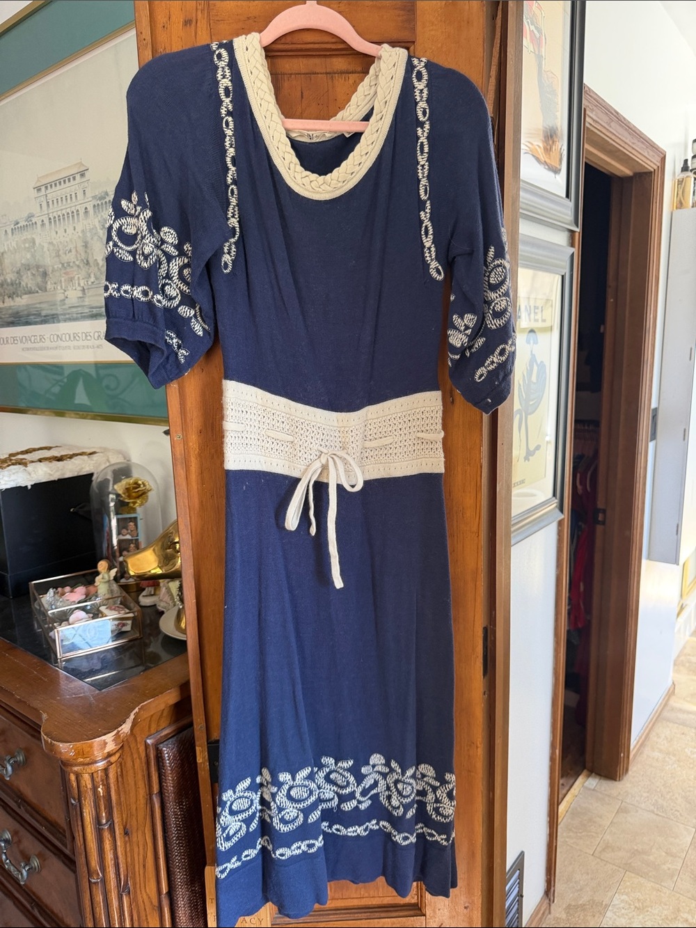 Navy Blue Midi Dress with Cream Crochet Trim